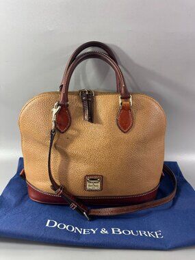 Dooney & Bourke Tan Pebbled Leather Zip Satchel W/ Detachable Strap